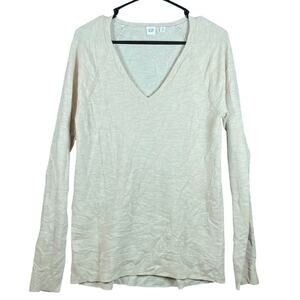 Gap Womens Sweater Cream V Neck Extra Fine Merino Wool Blend Medium Tall